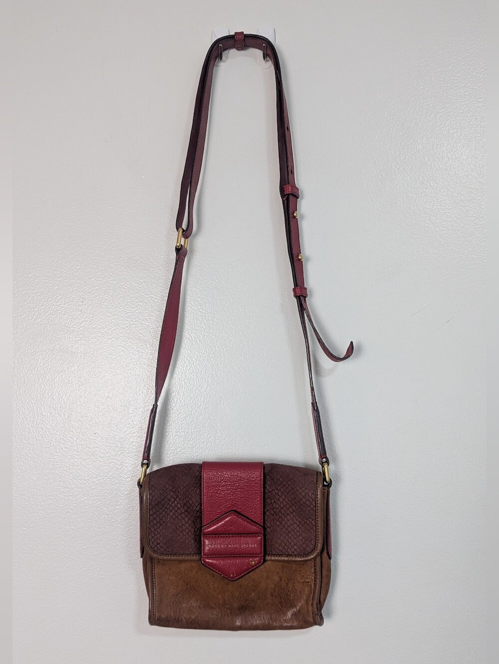 Marc by Marc Jacobs Mixed Media Brown & Red Leather Crossbody Flap Bag